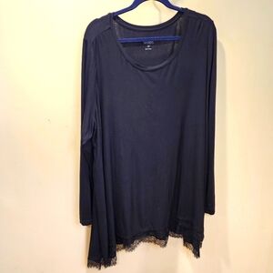 Logo Lori Goldstein womens black  tunic top black hi low lace hem plus s…